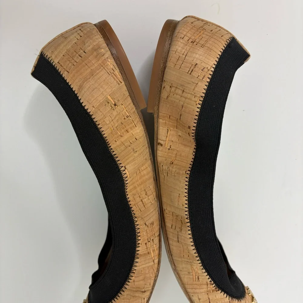 Tory Burch Black and Natural Cork Cap-Toe Ballet Flats